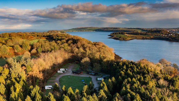 An aerial view of Castle Ward Caravan Park and Strangford Lough, County Down